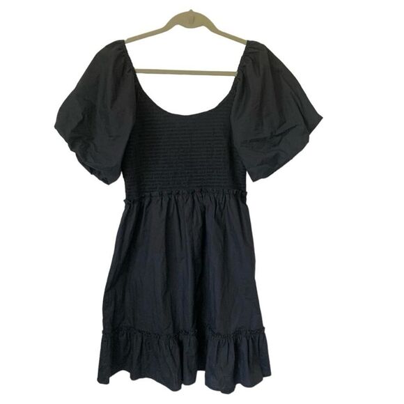 And Now This Mini Dress Large Smocked Short Puff Sleeves A-Line Cotton Black New - Picture 2 of 11